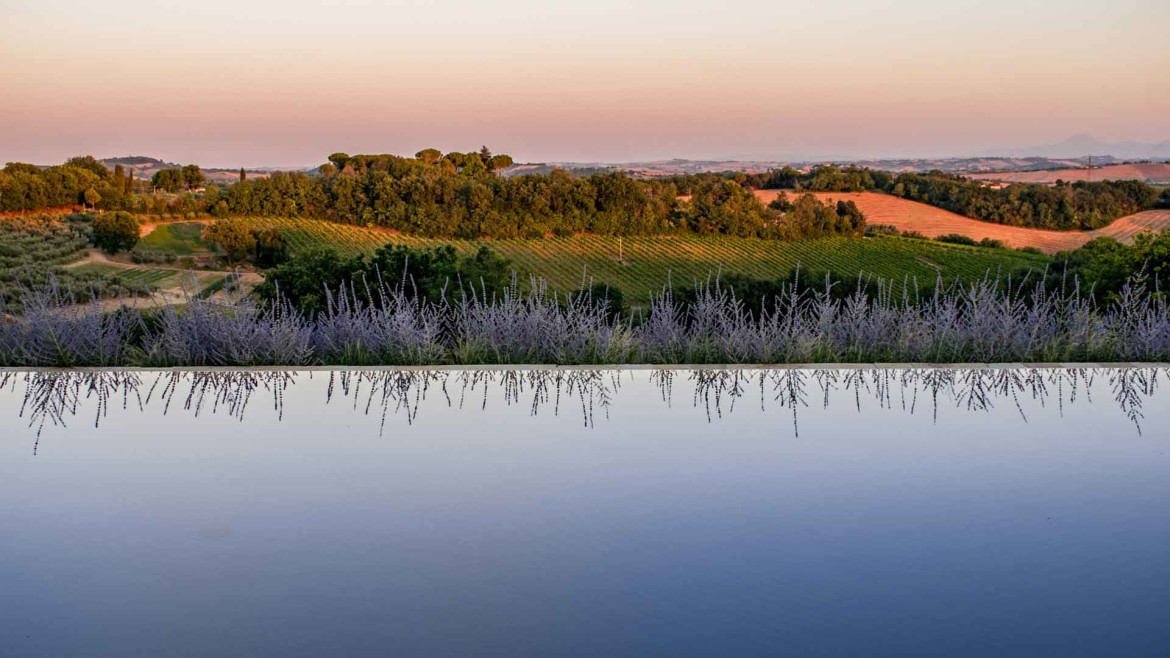 Piscina, tramonto, acqua, piscina a sfioro, colline, marche, pesaro